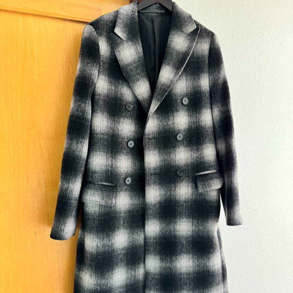 All Saints Men's Double-Breasted Gray Plaid Dress Coat
